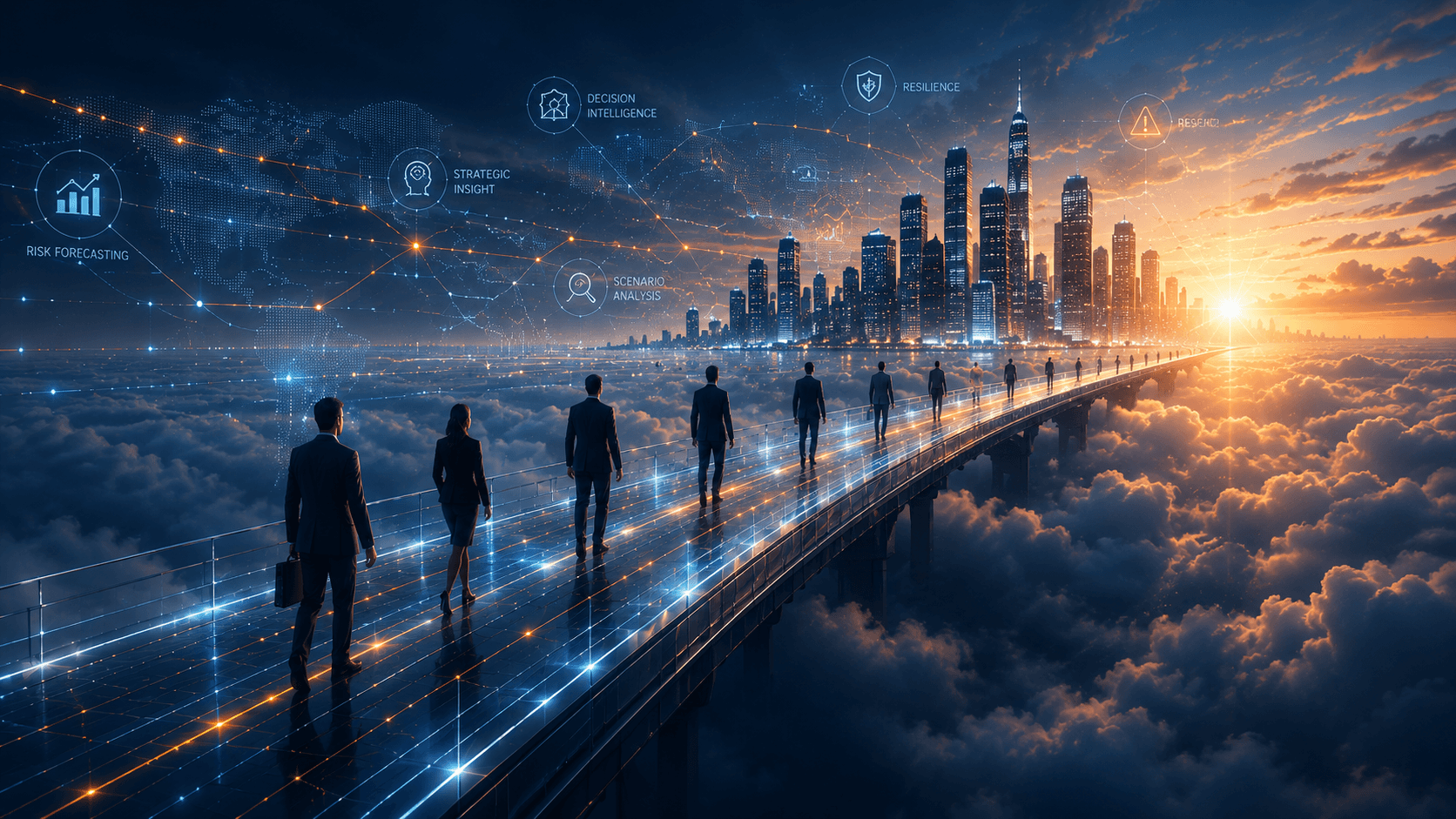 Professionals walking toward a future city with risk intelligence overlays