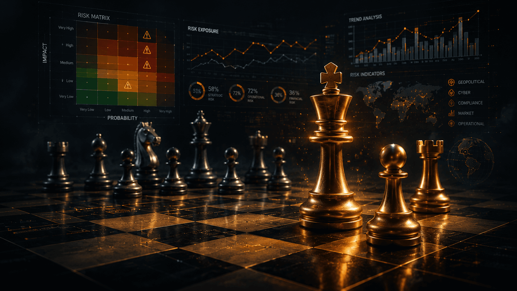 Risk strategy chess board with analytics dashboards